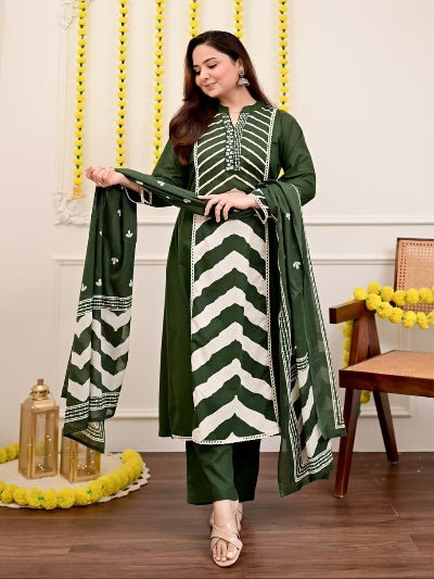 Olive Green Printed Cotton Embroidery Anarkali Suit - BONYHUBSALWAR KAMEEZ