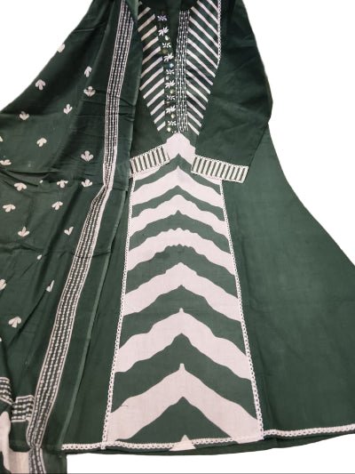 Olive Green Printed Cotton Embroidery Anarkali Suit - BONYHUBSALWAR KAMEEZ