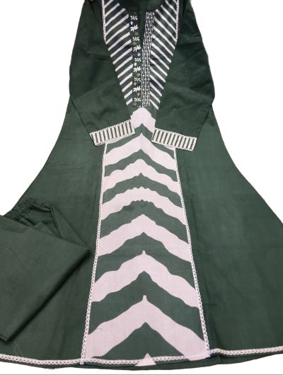 Olive Green Printed Cotton Embroidery Anarkali Suit - BONYHUBSALWAR KAMEEZ