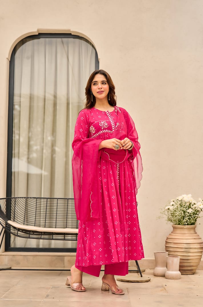 Hot Pink Printed Chanderi Embroidery Cotton Anarkali Suit Set - BONYHUBSALWAR KAMEEZ