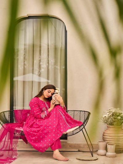 Hot Pink Printed Chanderi Embroidery Cotton Anarkali Suit Set - BONYHUBSALWAR KAMEEZ