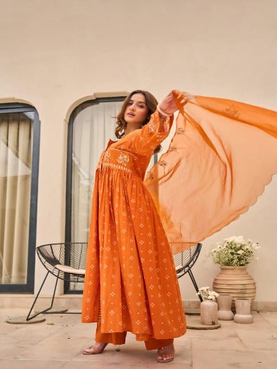 Orange Printed Chanderi Embroidery Cotton Anarkali Suit Set - BONYHUBSALWAR KAMEEZ