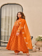 Orange Printed Chanderi Embroidery Cotton Anarkali Suit Set - BONYHUBSALWAR KAMEEZ
