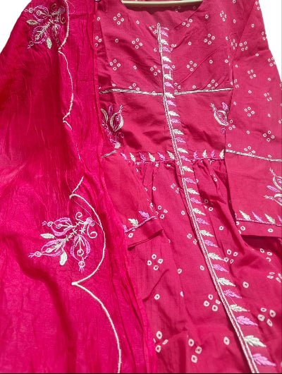 Hot Pink Printed Chanderi Embroidery Cotton Anarkali Suit Set - BONYHUBSALWAR KAMEEZ