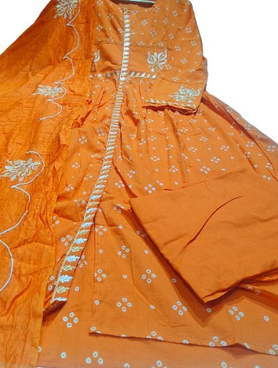 Orange Printed Chanderi Embroidery Cotton Anarkali Suit Set - BONYHUBSALWAR KAMEEZ
