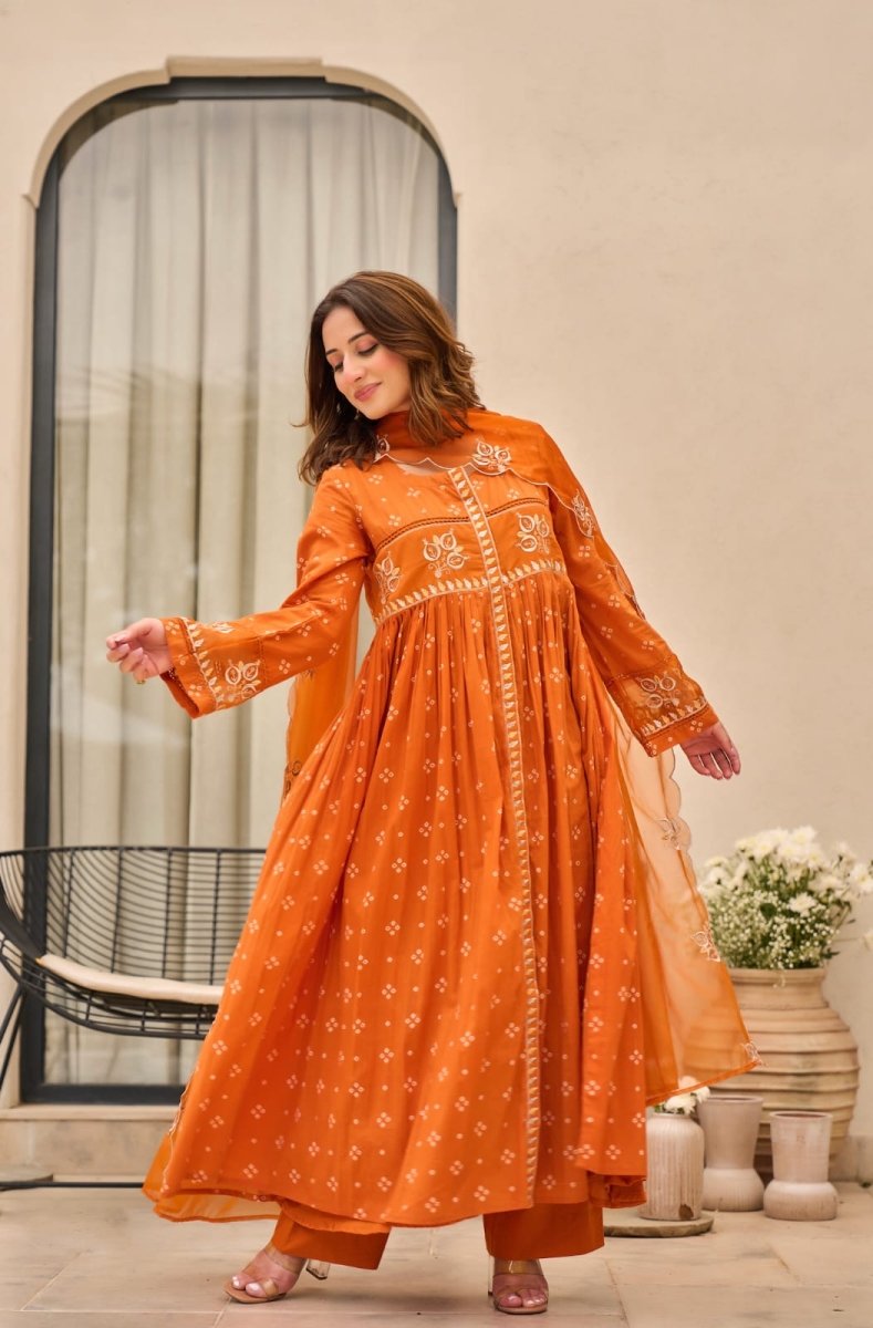 Orange Printed Chanderi Embroidery Cotton Anarkali Suit Set - BONYHUBSALWAR KAMEEZ