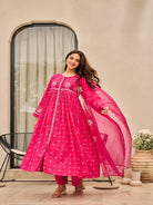 Hot Pink Printed Chanderi Embroidery Cotton Anarkali Suit Set - BONYHUBSALWAR KAMEEZ