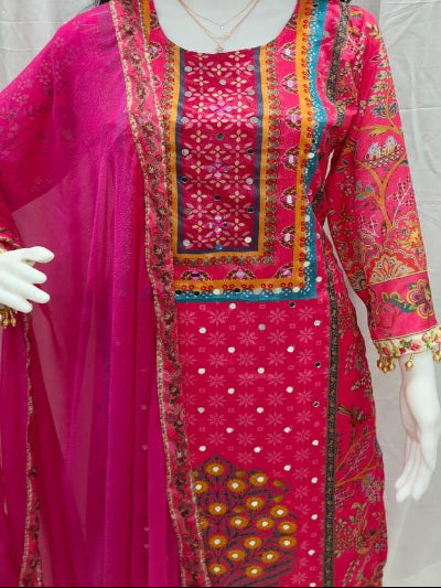 Plus Size Pink Digital Print Mirror Work Chinon Silk Straight Suit Set