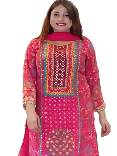 Plus Size Pink Digital Print Mirror Work Chinon Silk Straight Suit Set