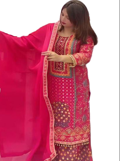 Plus Size Pink Digital Print Mirror Work Chinon Silk Straight Suit Set