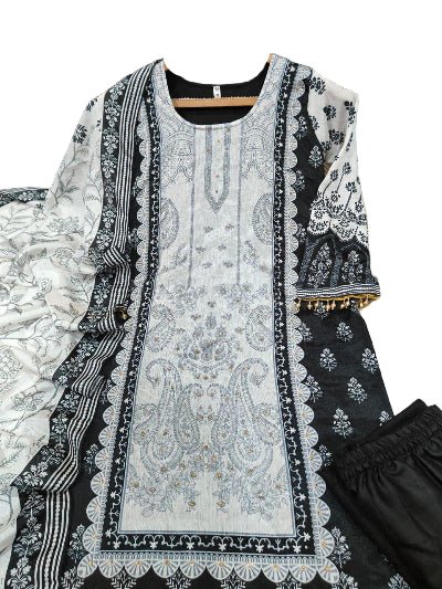Plus Size Black Printed Handwork Chinon Straight Suit Set - BONYHUBSALWAR KAMEEZ