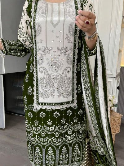 Plus Size Green Printed Handwork Chinon Straight Suit Set - BONYHUBSALWAR KAMEEZ