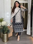 Plus Size Black Printed Handwork Chinon Straight Suit Set - BONYHUBSALWAR KAMEEZ