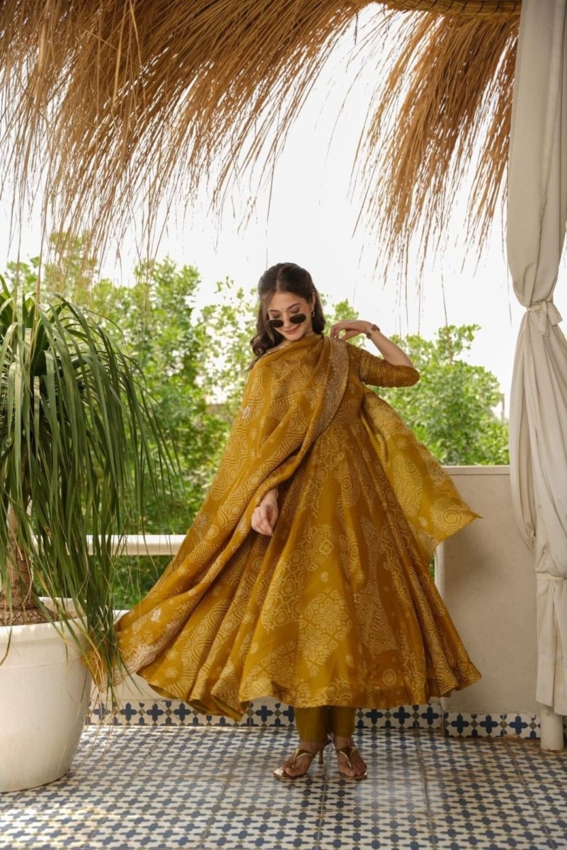 Classic Mustard Yellow Bandhej Print Cotton Anarkali Suit - BONYHUBSALWAR KAMEEZ