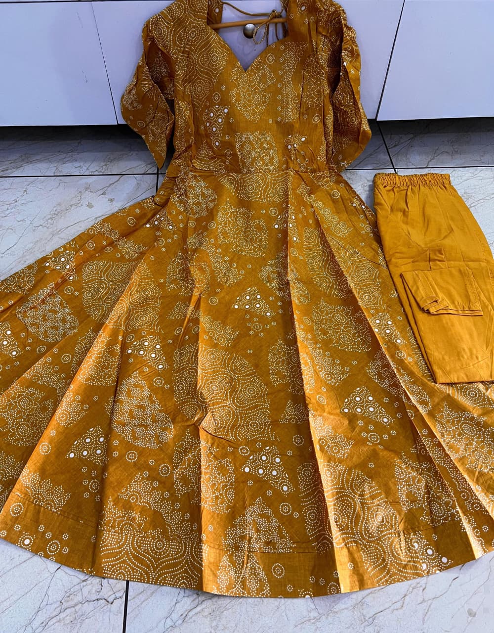 Classic Mustard Yellow Bandhej Print Cotton Anarkali Suit - BONYHUBSALWAR KAMEEZ