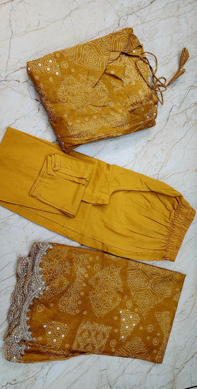 Classic Mustard Yellow Bandhej Print Cotton Anarkali Suit - BONYHUBSALWAR KAMEEZ