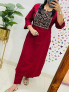 Plus Size Red Mirror Work Cotton Kurti Pant Set - BONYHUBSALWAR KAMEEZ