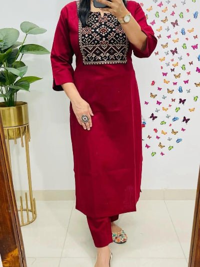 Plus Size Red Mirror Work Cotton Kurti Pant Set - BONYHUBSALWAR KAMEEZ
