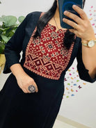 Plus Size Black Mirror Work Cotton Kurti Pant Set - BONYHUBSALWAR KAMEEZ