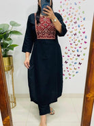 Plus Size Black Mirror Work Cotton Kurti Pant Set - BONYHUBSALWAR KAMEEZ