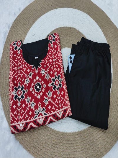 Plus Size Black Mirror Work Cotton Kurti Pant Set - BONYHUBSALWAR KAMEEZ