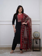 Plus Size Black Handwork Cotton Straight Suit Set - BONYHUBSALWAR KAMEEZ