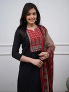 Plus Size Black Handwork Cotton Straight Suit Set - BONYHUBSALWAR KAMEEZ