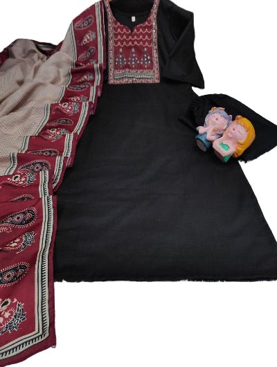 Plus Size Black Handwork Cotton Straight Suit Set - BONYHUBSALWAR KAMEEZ