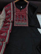 Plus Size Black Handwork Cotton Straight Suit Set - BONYHUBSALWAR KAMEEZ