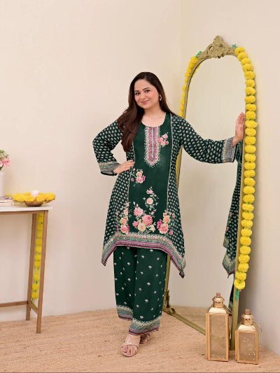 Plus Size Bottle Green Mirror Work Muslin Digital Print Kurti Palazzo - BONYHUBSALWAR KAMEEZ