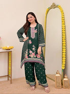 Plus Size Bottle Green Mirror Work Muslin Digital Print Kurti Palazzo - BONYHUBSALWAR KAMEEZ