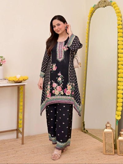 Plus Size Black Mirror Work Muslin Digital Print Kurti Palazzo - BONYHUBSALWAR KAMEEZ
