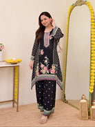 Plus Size Black Mirror Work Muslin Digital Print Kurti Palazzo - BONYHUBSALWAR KAMEEZ