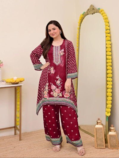 Plus Size Red Mirror Work Muslin Digital Print Kurti Pant Set - BONYHUBSALWAR KAMEEZ