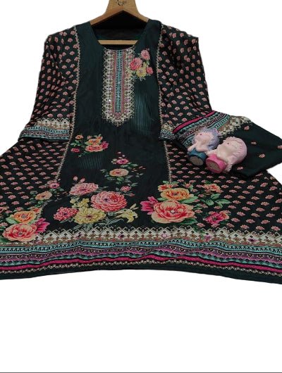 Plus Size Bottle Green Mirror Work Muslin Digital Print Kurti Palazzo - BONYHUBSALWAR KAMEEZ