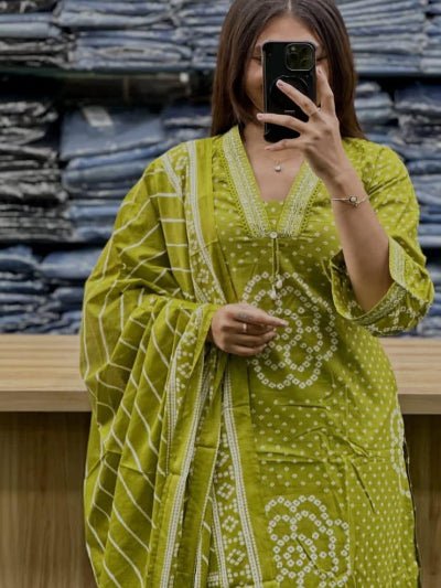 Limegreen Bandhani Embroidery Cotton Straight Suit Set - BONYHUBSALWAR KAMEEZ