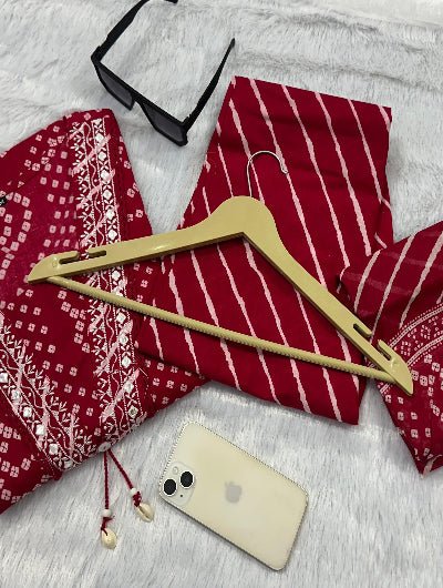 Beautiful Pink Bandhani Embroidery Cotton Straight Suit Set - BONYHUBSALWAR KAMEEZ