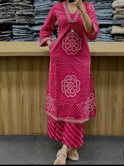 Beautiful Pink Bandhani Embroidery Cotton Straight Suit Set - BONYHUBSALWAR KAMEEZ
