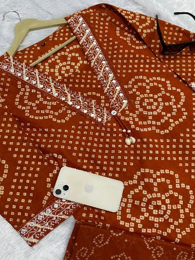 Rust Orange Bandhani Embroidery Cotton Straight Suit Set - BONYHUBSALWAR KAMEEZ