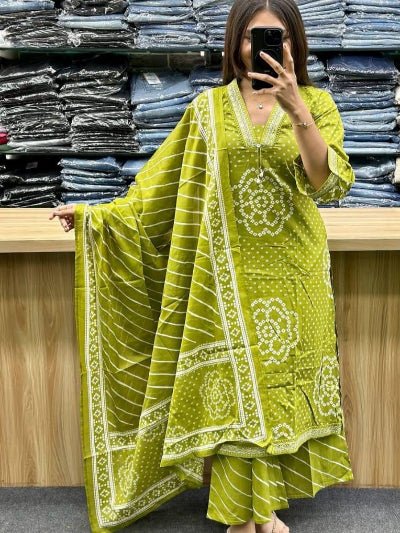 Limegreen Bandhani Embroidery Cotton Straight Suit Set - BONYHUBSALWAR KAMEEZ