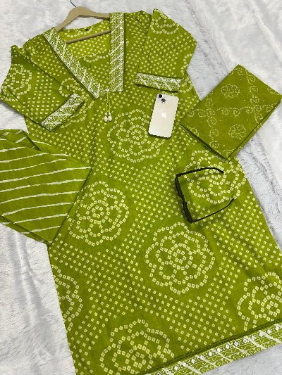 Limegreen Bandhani Embroidery Cotton Straight Suit Set - BONYHUBSALWAR KAMEEZ