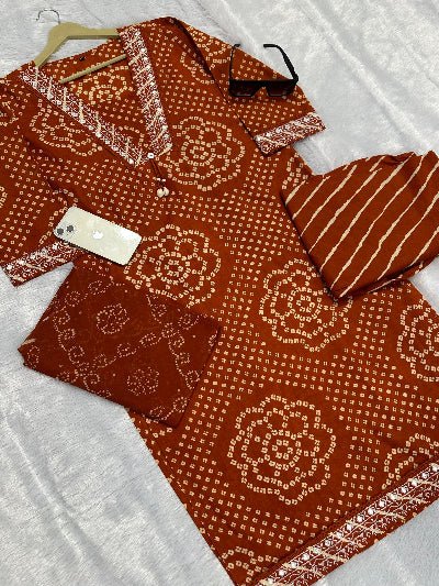 Rust Orange Bandhani Embroidery Cotton Straight Suit Set - BONYHUBSALWAR KAMEEZ