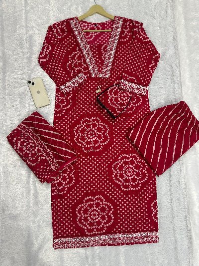 Beautiful Pink Bandhani Embroidery Cotton Straight Suit Set - BONYHUBSALWAR KAMEEZ