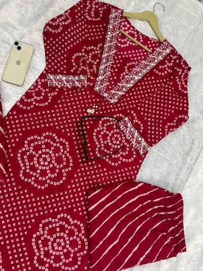Beautiful Pink Bandhani Embroidery Cotton Straight Suit Set - BONYHUBSALWAR KAMEEZ