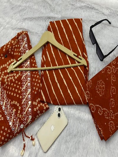 Rust Orange Bandhani Embroidery Cotton Straight Suit Set - BONYHUBSALWAR KAMEEZ
