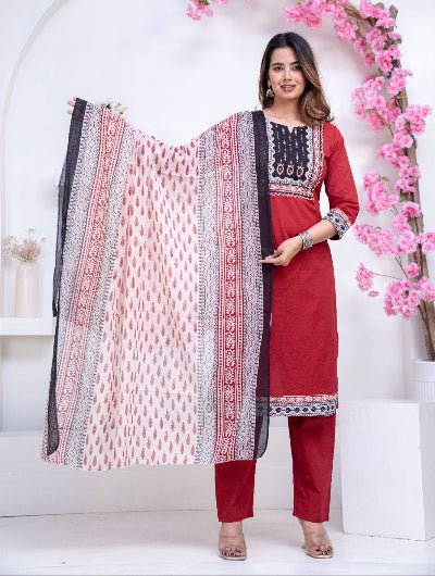 Red Stunning Adda Work Cotton Straight Suit Set - BONYHUBSALWAR KAMEEZ