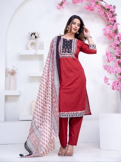 Red Stunning Adda Work Cotton Straight Suit Set - BONYHUBSALWAR KAMEEZ