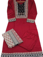 Red Stunning Adda Work Cotton Straight Suit Set - BONYHUBSALWAR KAMEEZ