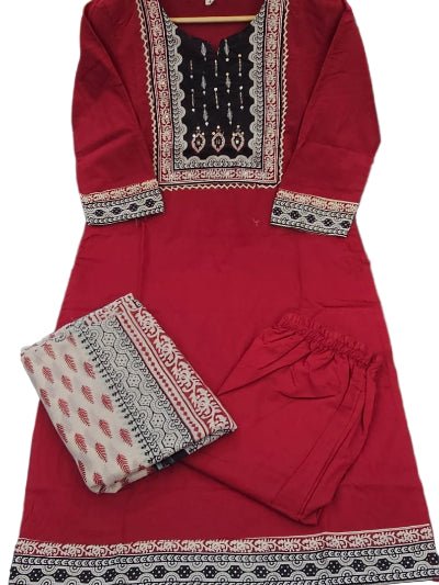 Red Stunning Adda Work Cotton Straight Suit Set - BONYHUBSALWAR KAMEEZ