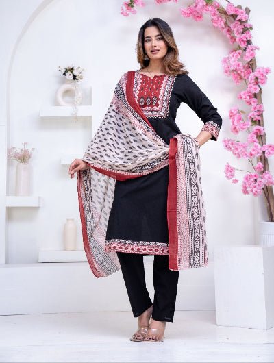 Black Stunning Adda Work Cotton Straight Suit Set - BONYHUBSALWAR KAMEEZ